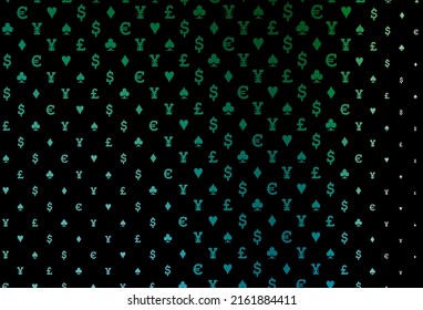 Tapa vectorial verde, azul oscuro, con símbolos de juego. Gradiente colorido con signos de corazones, espadas, palos, diamantes. Patrón de folletos, volantes de casas de juego.