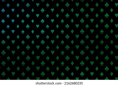 Dark blue, green vector cover with symbols of gamble. Shining illustration with hearts, spades, clubs, diamonds. Design for ad, poster, banner of gambling websites.