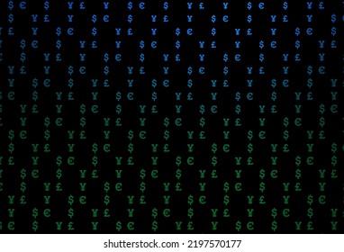 Azul oscuro, cubierta vectorial verde con EUR, USD, GBP, JPY. Ilustración abstracta moderna con símbolos de dinero. Plantilla para anuncios de mercados, préstamos.