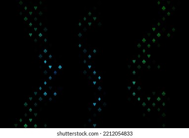 Dark blue, green vector cover with symbols of gamble. Colorful gradient with signs of hearts, spades, clubs, diamonds. Pattern for booklets, leaflets of gambling houses.
