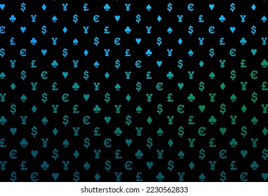 Tapa vectorial verde, azul oscuro, con símbolos de juego. Gradiente colorido con signos de corazones, espadas, palos, diamantes. Patrón para anuncios de fiestas, eventos en Las Vegas.