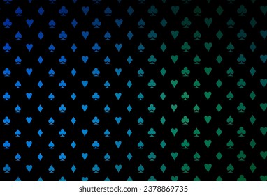 Dark blue, green vector cover with symbols of gamble. Blurred decorative design of hearts, spades, clubs, diamonds. Pattern for ads of parties, events in Vegas.