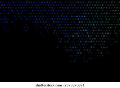Dark blue, green vector cover with english symbols. Blurred design in simple style with signs of alphabet. Template can be used as a background for ads of typography.