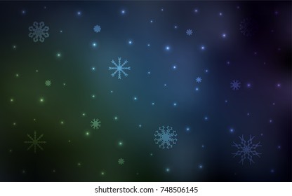 Dark Blue, Green vector cover with beautiful snowflakes. Blurred decorative design in xmas style with snow. New year design for your ad, poster, banner.
