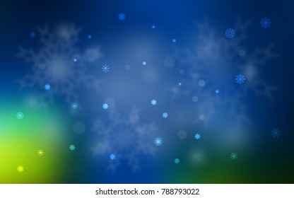 Dark Blue, Green vector cover with beautiful snowflakes. Glitter abstract illustration with crystals of ice. New year design for your ad, poster, banner.