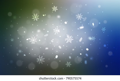 Dark Blue, Green vector cover with beautiful snowflakes. Blurred decorative design in xmas style with snow. The pattern can be used for new year leaflets.