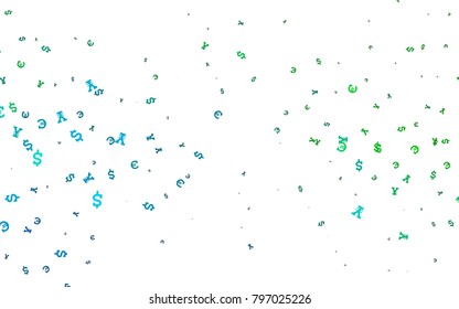 Dark Blue, Green vector cover with Euro, Dollar, Yen signs. Blurred design in with symbols of EUR, USD, JPY. Smart design for your business advert of economic, wealth.