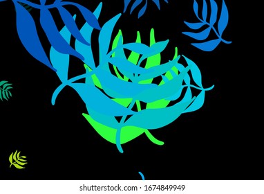 Azul oscuro, fondo de doodle vectorial verde con hojas. hojas sobre un elegante patrón natural con gradiente. El mejor diseño para su negocio.