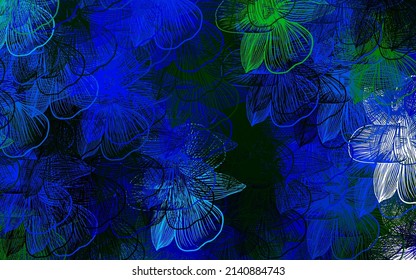 Dark Blue, Green vector doodle pattern with flowers. Flowers with gradient on white background. New template for your design.