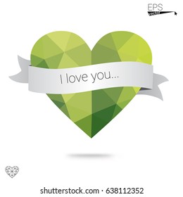 Dark Blue, Green vector greeting Card Happy Valentine's Day. Lettering with hearts on the white polygonal background. Colored triangular illustration for your business.