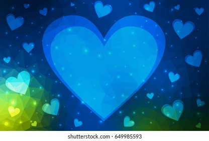 Dark Blue, Green vector greeting Card Happy Valentine's Day. Lettering with hearts on the white polygonal background. Colored triangular illustration for your business.