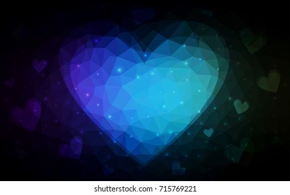 Dark Blue, Green vector greeting Card Happy Valentine's Day. Lettering with hearts on the white polygonal background. Colored triangular illustration for your business.