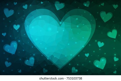 Dark Blue, Green vector greeting Card Happy Valentine's Day. Lettering with hearts on the white polygonal background. Colored triangular illustration for your business.