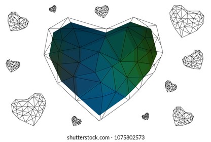 Dark Blue, Green vector heart isolated on white background. Geometric rumpled triangular low poly origami style gradient graphic illustration. Polygonal design for your business.