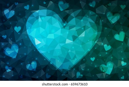 Dark Blue, Green vector heart isolated on white background. Geometric rumpled triangular low poly origami style gradient graphic illustration. Polygonal design for your business.