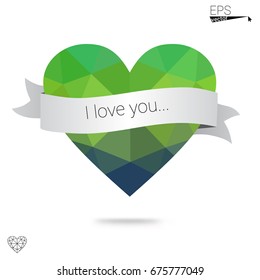 Dark Blue, Green vector heart isolated on white background. Geometric rumpled triangular low poly origami style gradient graphic illustration. Polygonal design for your business.