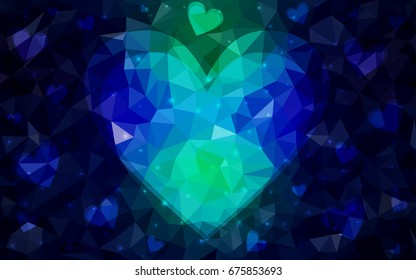 Dark Blue, Green vector heart isolated on white background. Geometric rumpled triangular low poly origami style gradient graphic illustration. Polygonal design for your business.