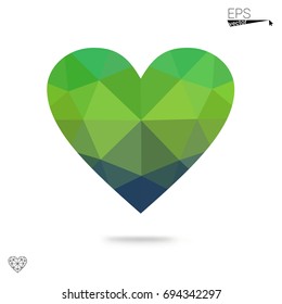 Dark Blue, Green vector heart isolated on white background. Geometric rumpled triangular low poly origami style gradient graphic illustration. Polygonal design for your business.