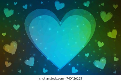 Dark Blue, Green vector heart isolated on white background. Geometric rumpled triangular low poly origami style gradient graphic illustration. Polygonal design for your business.