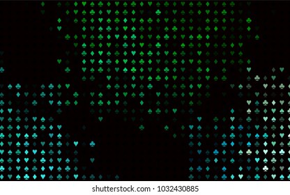 Dark Blue, Green vector layout with elements of cards. Glitter abstract sketch with isolated symbols of playing cards. Smart design for your business advert of casinos.