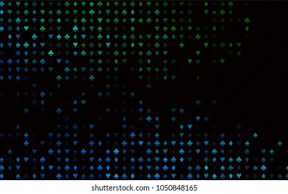 Dark Blue, Green vector layout with elements of cards. Colorful gradient with signs of hearts, spades, clubs, diamonds. Pattern for ads of parties, events in Vegas.
