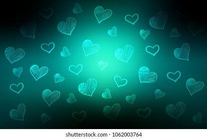 Dark Blue, Green vector layout with sweet hearts. Blurred decorative design in doodle style with hearts. Pattern can be used for valentine's ad, booklets.