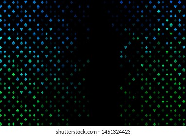 Dark Blue, Green vector layout with elements of cards. Glitter abstract sketch with isolated symbols of playing cards. Smart design for your business advert of casinos.