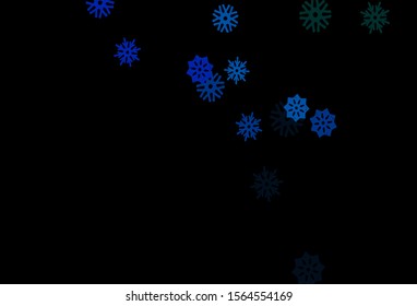 Dark Blue, Green vector layout with bright snowflakes. Snow on blurred abstract background with gradient. New year design for your business advert.