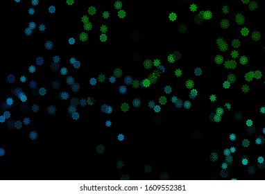 Dark Blue, Green vector layout with bright snowflakes. Snow on blurred abstract background with gradient. The pattern can be used for new year ad, booklets.