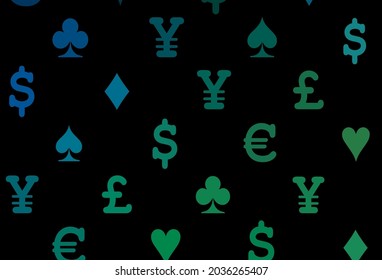 Dark blue, green vector layout with elements of cards. Colored illustration with hearts, spades, clubs, diamonds. Smart design for your business advert of casinos.