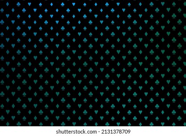 Dark blue, green vector layout with elements of cards. Glitter abstract sketch with isolated symbols of playing cards. Pattern for ads of parties, events in Vegas.