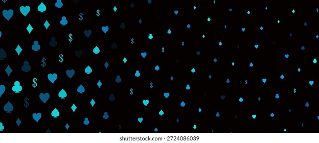 Dark Blue, Green vector layout with elements of cards. Colorful gradient with signs of hearts, spades, clubs, diamonds. Design for ad, poster, banner of gambling websites.