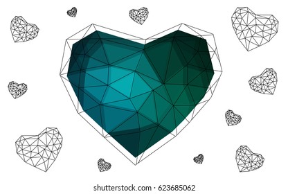 Dark Blue, Green vector love background with heart. Paper note. Valentine's greeting polygonal card. Triangular illustration for your business. Stock template for your design.