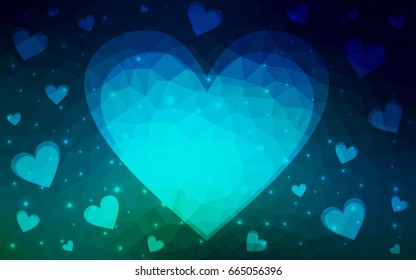 Dark Blue, Green vector love background with heart. Paper note. Valentine's greeting polygonal card. Triangular illustration for your business. Stock template for your design.