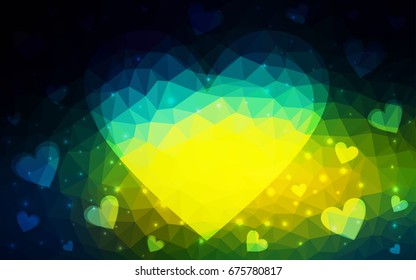 Dark Blue, Green vector love background with heart. Paper note. Valentine's greeting polygonal card. Triangular illustration for your business. Stock template for your design.