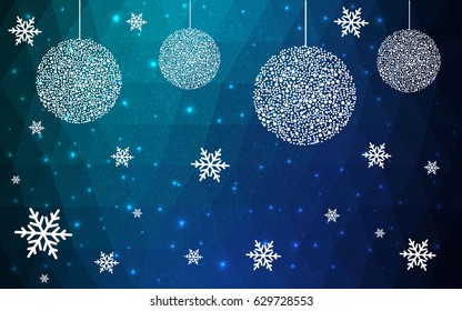 Dark blue, Green vector low poly crystal background with snowflakes. Polygon christmas design pattern. Low poly illustration of New Year celebration.