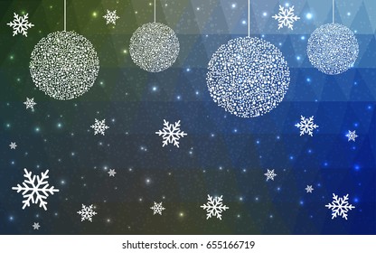 Dark Blue Green vector low poly crystal background with snowflakes. Polygon christmas design pattern . Low poly illustration of New Year celebration.