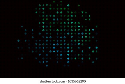 Dark Blue, Green vector pattern with symbol of cards. Colorful gradient with signs of hearts, spades, clubs, diamonds. Design for ad, poster, banner of gambling websites.