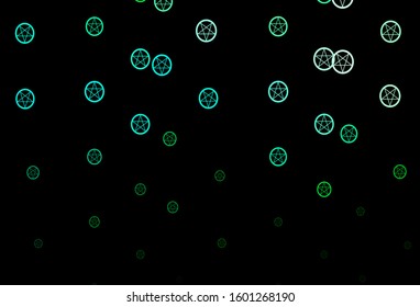 Dark Blue, Green vector pattern with magic elements. Colorful mystic symbols with a gradient in ancient style. Background for esoteric, mystic designs.