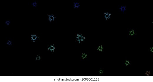 Dunkelblaues, grünes Vektormuster mit Coronavirus-Elementen. Abstrakte Illustration mit biologischen Farbverlauf-Formen. Design für Warnhinweise auf biologische Gefahren.