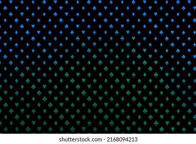 Dark blue, green vector pattern with symbol of cards. Colored illustration with hearts, spades, clubs, diamonds. Pattern for booklets, leaflets of gambling houses.