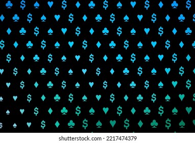 Dark blue, green vector pattern with symbol of cards. Colored illustration with hearts, spades, clubs, diamonds. Pattern for booklets, leaflets of gambling houses.