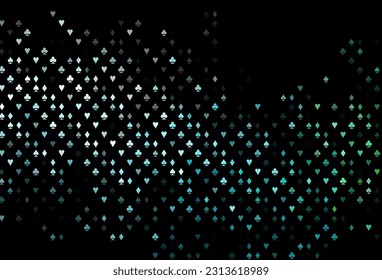 Azul oscuro, patrón vectorial verde con símbolo de cartas. Gradiente colorido con signos de corazones, espadas, palos, diamantes. Diseño de anuncios, afiches, banner de sitios web de apuestas.