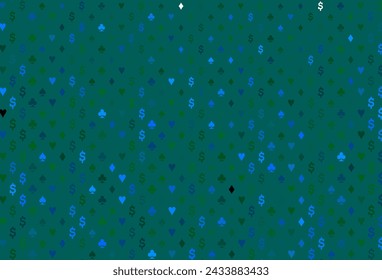 Dark blue, green vector pattern with symbol of cards. Glitter abstract sketch with isolated symbols of playing cards. Design for ad, poster, banner of gambling websites.