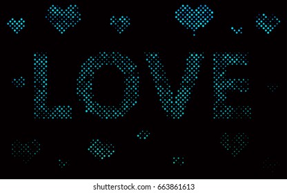 Dark Blue, Green vector red pattern of geometric circles, shapes. Colorful mosaic banner with LOVE text. Geometric background with colored disks.