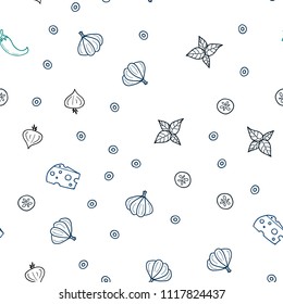 Dark Blue, Green vector seamless cover with cuisine gourmet. Illustration with set of fresh food in doodle style. Design for ad, poster, banner of cafes or restaurants.