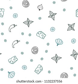 Dark Blue, Green vector seamless cover with cuisine gourmet. Illustration with set of fresh food in doodle style. Pattern for menu of cafes, bars, restaurants.