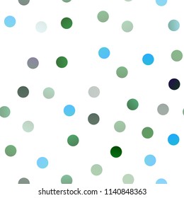 Dark Blue, Green vector seamless pattern with spheres. Glitter abstract illustration with blurred drops of rain. Completely new template for your brand book.