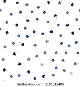Dark Blue, Green vector seamless template with cups of coffee, beans. Gradient illustration with coffee beans, tea cups. Template of a black hot beverage in a cafe.