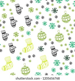 Dark Blue, Green vector seamless background with xmas snowflakes, balls, socks, mittens. Colorful decorative design in xmas style. Design for textile, fabric, wallpapers.